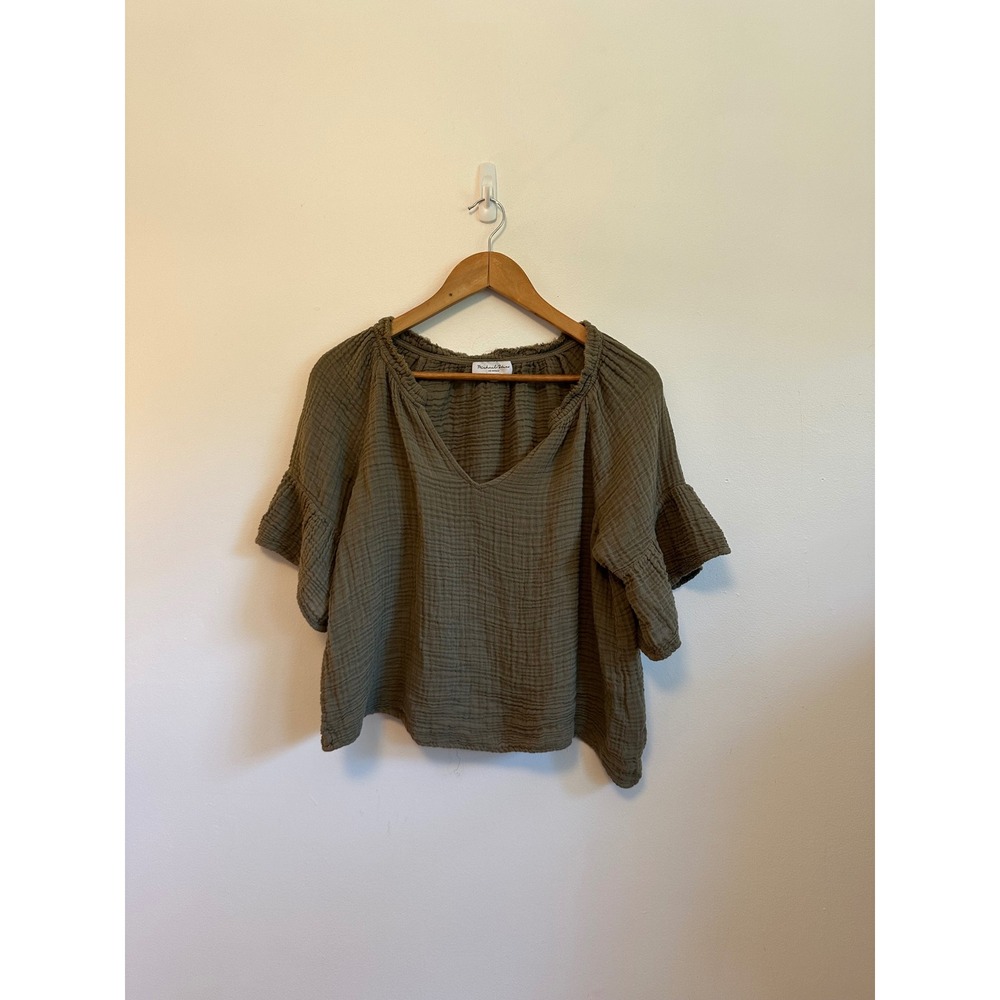 Michael Stars Cotton Gauze Ruffle Sleeve V-Neck Blouse in Olive Green |‎ Small
